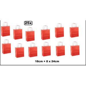 25x Koordtas papier rood 18cmx8cmx24cm - goodiebag|papieren|draagtas|tas|koord|festival|kado|themafeest|party|geschenken