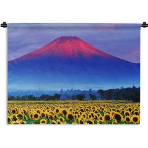 Wandkleed Fuji - De kleurrijke Fuji in Azië met zonnebloemen op de voorgrond Wandkleed katoen 60x45 cm - Wandtapijt met foto