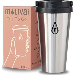 Outdoor Koffiebeker To Go - Motivai® - Zilver - 500ml - Thermosbeker - BPA vrij - Theebeker - Reisbeker - Travel mug - Lekvrij