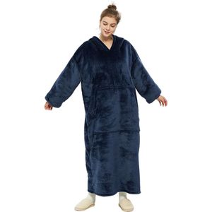 Blauw hoodie blanket - Extra Lang 120cm - fleece deken met mouwen en capuchon – Oversized hoodie deken met mouwen – Fleece deken – Fleece TV deken – Plaid met mouwen – Warm & zacht – Fleece poncho -Blauw - Badrock
