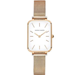 Hannah Martin Rechthoekig Horloge | Rose Goudkleurig | Witte Plaat | Dames Horloges |