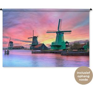 Wandkleed Landschappen Nederland - Windmolens met paarse lucht in Nederland Wandkleed katoen 180x120 cm - Wandtapijt met foto XXL / Groot formaat!