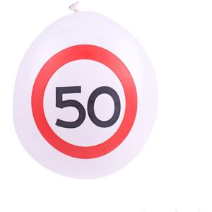 Ballonnen verjaardag | 50 jaar | 10 stuks | wit met verkeersbord rode rand | 30 cm