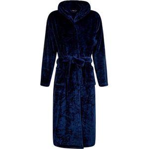 Badjas fleece - marine blauwe badjas met capuchon - flanel fleece badjas unisex - maat S/M