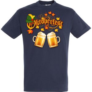 T-shirt Oktoberfest hoed en bier | Oktoberfest dames heren | Tiroler outfit | Carnavalskleding dames heren | Navy | maat 4XL