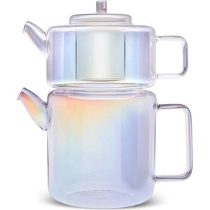 Karaca Flat Luster - Borosilicaat Glazen Theepot Set - 1,1L Boven - 1,8L Onderpot - Modern en Hittebestendig Ontwerp