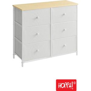 Hoppa! ladekast met stoffen lades opbergkast met 6 lades industriële stijl stalen frame dienblad voor slaapkamer entree hal wit en houtkleur