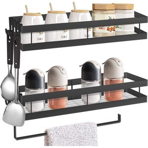 Keukenkruidenrek, set van 2 wandkeukenhouders zonder boren met keukenrolhouder en 8 verwijderbare haken Kruidenmand Kruidenhouder Keuken Badkamer Ophangorganizer