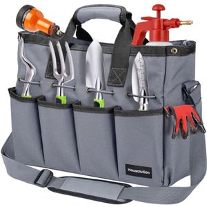 Housolution tuingereedschapstas, 35 x 14 x 28 cm draagbare tuintas waterdichte opbergtas met meerdere vakken en verstelbare schouderriem gereedschapstas voor tuinhuis garage grijs