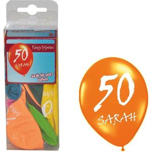 Decoratieset SARAH - 50 JAAR - 12 ballonnen met print Sarah - Puntvlaggenlijn Sarah - Gevelvlag Sarah