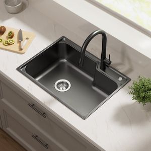 Auralum Spoelbakken Keuken 62X45CM - Spoelbak Keuken - Wasbak Keuken - Enkele spoelbak - Spoelbakken met afdruip - Antraciet