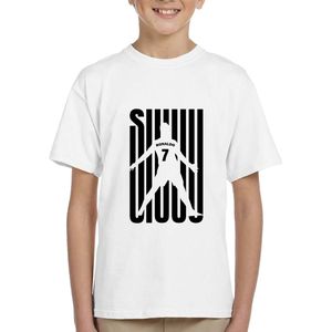 SIUUU Uniseks Kids T-Shirt - Zwart met wit - Maat 122 | 128 - 7 | 8 jaar - Korte mouwen - Ronde hals - Moderne pasvorm - Cristiano Ronaldo - CR7 - Voetbal - Juichen - Voor jongens & meisjes - Original Kwoots - Cadeau