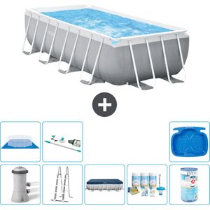 Intex Rechthoekig Prism Frame Zwembad - 400 x 200 x 100 cm - Grijs - Inclusief Pomp - Ladder Afdekzeil - Onderhoudspakket - Filter - Grondzeil - Stofzuiger - Voetenbad