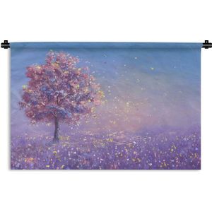 Wandkleed Geschilderde Zomer - Geschilderd landschap met roze boom Wandkleed katoen 60x45 cm - Wandtapijt met foto