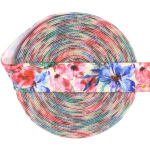 Elastisch biaisband - Roze en blauwe bloemen print - 15 mm - 5 meter - elastiek - afwerkingsband kleding - Biesband