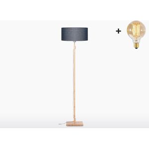 Vloerlamp – FUJI – Bamboe Voetstuk (h. 167cm) - Donkergrijs Linnen Kap - Met LED-lamp