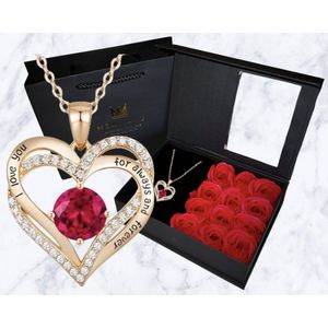 Mea Manu® “I love you for always and forever” Ketting - Rose Goud- Rode steen - Moederdag cadeautje - Cadeautje voor vrouw - Valentijn - Statement ketting - Geschenkset - 12x rode zeeprozen met geur - Geschenkdoos - Valentijn cadeautje voor haar