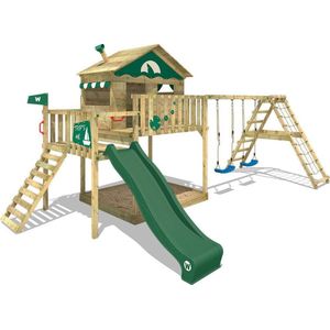 WICKEY speeltoestel klimtoestel Smart Ocean met schommel & groene glijbaan, outdoor klimtoren voor kinderen met zandbak, ladder & speelaccessoires voor de tuin