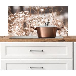 Spatscherm keuken 90x45 cm - Kookplaat achterwand Droogbloemen - Wit - Planten - Muurbeschermer - Spatwand fornuis - Hoogwaardig aluminium
