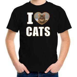 I love cats t-shirt met dieren foto van een bruine kat zwart voor kinderen - cadeau shirt katten liefhebber - kinderkleding / kleding 134/140