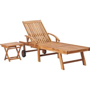 vidaXL Ligbed met tafel & kussen - Massief Teakhout Ligbed - Teak Hout - Loungebed - Tuinset - Buitendecoratie - Garden Furniture - Relaxen