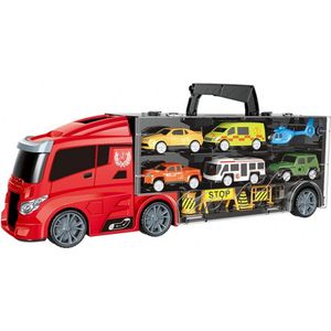 Speelgoed Service-auto Truck - Tachan - Met 5 Servicewagens, Helicopter en Verkeersborden - Draagbaar - Speelgoedauto Speelset