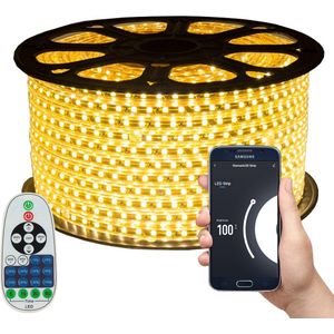 LED Strip Warm Wit - 35 Meter aan één stuk - Met Wi-Fi App + IR 23 knops afstandsbediening - Smarthome - Google Home/Amazon Alexa - Waterdicht - Makkelijke mobiele App voor bedienen inclusief afstandsbediening - iOS en Android