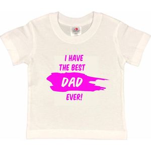 T-shirt Kinderen ""I have the best dad ever!"" Vaderdag | korte mouw | Wit/Fluor pink | maat 122/128