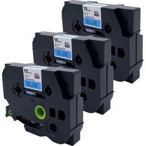 DULA Brother Compatible label tape- Tze-541 - 3 cassettes - Brother P-Touch - Zwart op blauw - 18mm x 8m
