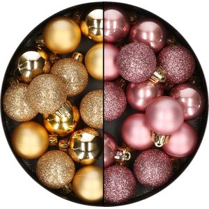28x stuks kleine kunststof kerstballen velvet roze en goud 3 cm - kerstversiering