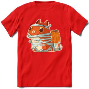Mummy kat T-Shirt Grappig | Dieren katten halloween Kleding Kado Heren / Dames | Animal Skateboard Cadeau shirt - Rood - XL