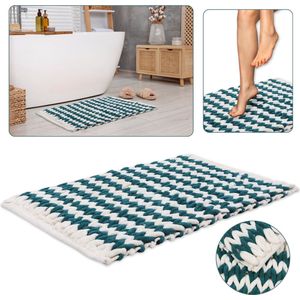 Turquoise en witte Gevlochten Badkamermat/mat 50x80 cm - absorberende Pluche Microvezel, hoog gramsgewicht
