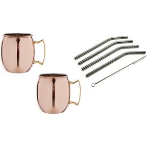 Moscow Mule cocktail set 4x cocktailbekers/cocktailglazen 450 ml glad koper - Inclusief 4x RVS herbruikbare rietjes