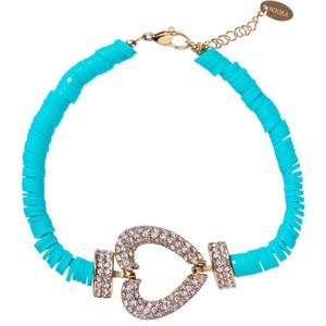 Nouka Dames Armband – Goud Gekleurd met Hartjes Bedel – Hart Ingelegd met Schitterende Steentjes – Blauwe Kralen - Stainless Steel – Cadeau voor Vrouwen