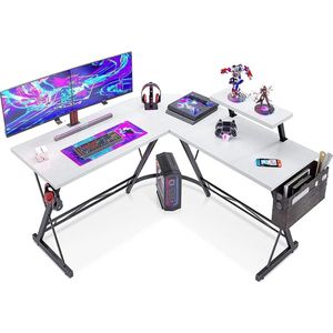 Gamingbureau, computertafel, hoekbureau, wit met ronde hoek, gamingtafel met monitorplank, 127 x 127 cm