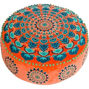 Oranje ronde poefhoes met fluwelen borduurwerk - Zacht geborduurd vloerkussen voor woonkamer, slaapkamer of meditatieruimte