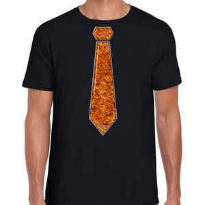 Bellatio Decorations Verkleed shirt heren - stropdas paillet oranje - zwart - carnaval - foute party S