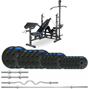 THUNDER® Halterbank | VIGOR-C 57,5kg | Verstelbare Trainingsbank met Latzug, Curlpult, Butterfly en Haltersteunen | Multifunctionele Fitnessbank | Gewichten + Halterstang|