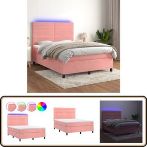 vidaXL Boxspring met LED en Matras - Roze 140x190cm Boxspring Bed - Fluweel Bed - Roze Bed - Tweepersoonsbed - King Size Bed