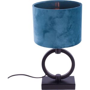 Tafellamp ring met velours kap Davon | 1 lichts | blauw / goud / zwart | metaal / stof | Ø 15 cm | 37 cm hoog | modern / sfeervol design