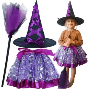 Playos® - Kostuum Heks - Paars - met Hoed en Bezem - 3 tot 6 jaar - Kinderen - Verkleedkleding - Halloween - Carnaval
