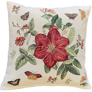 Kussenhoes - luxe gobelinstof - Tiffany- Kleurige rode bloemen en vlinders