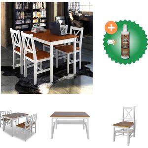 vidaXL 5-delige Eethoek bruin en wit - Set tafel en stoelen - Inclusief Houtreiniger en verfrisser