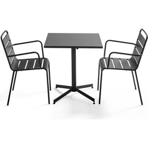 Oviala - Set van een vierkante tuin tafel en 2 antraciet fauteuils