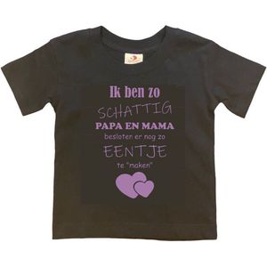 Shirt Aankondiging zwangerschap Ik ben zo schattig papa en mama besloten er nog zo eentje te ""maken"" | korte mouw | zwart/lila | maat 134/140 zwangerschap aankondiging bekendmaking