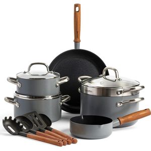 Pro Geanodiseerd Gezond Keramisch Nonstick, 13-delige Kookgerei Pannenset, Vintage Houten Handgreep, PFAS-Vrij, Inductie Geschikt, Houtskool Grijs De GreenPan Store openen