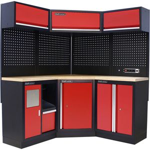 Kraftmeister werkplaatsinrichting - Werkbank met 3 wandkasten en multiplex werkblad - Werktafel met 2 opbergkasten, 1 prullenbak en gereedschapswand - Complete set voor werkplaats of garage - Rood
