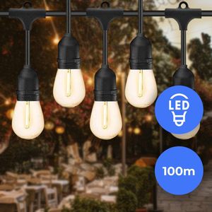 Fonkel Arena LED Lichtsnoer Buiten met 100 Lampjes E27 Warm Wit 2700k - Prikkabel 100 meter Buitenverlichting – Lampjes Slinger IP65 - Koppelbare Feestverlichting - Kerstverlichting