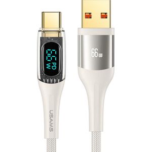 Oplaadkabel - Oplader Kabel Alle Merken - USB Naar USB C Kabel - USAMS - Geschikt voor Geschikt Voor iPhone Oplader - 1.2 meter - Gouden Connector - Stevige Kabel - Onbreekbaar - Realtime Digitaal Scherm - 66W - Beige