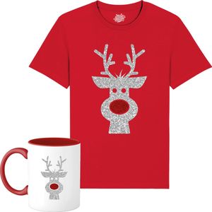 Rendier Buddy - Foute Kersttrui Kerstcadeau - Dames / Heren / Unisex Kleding - Grappige Kerst Outfit - Glitter Look - T-Shirt met mok - Unisex - Rood - Maat M